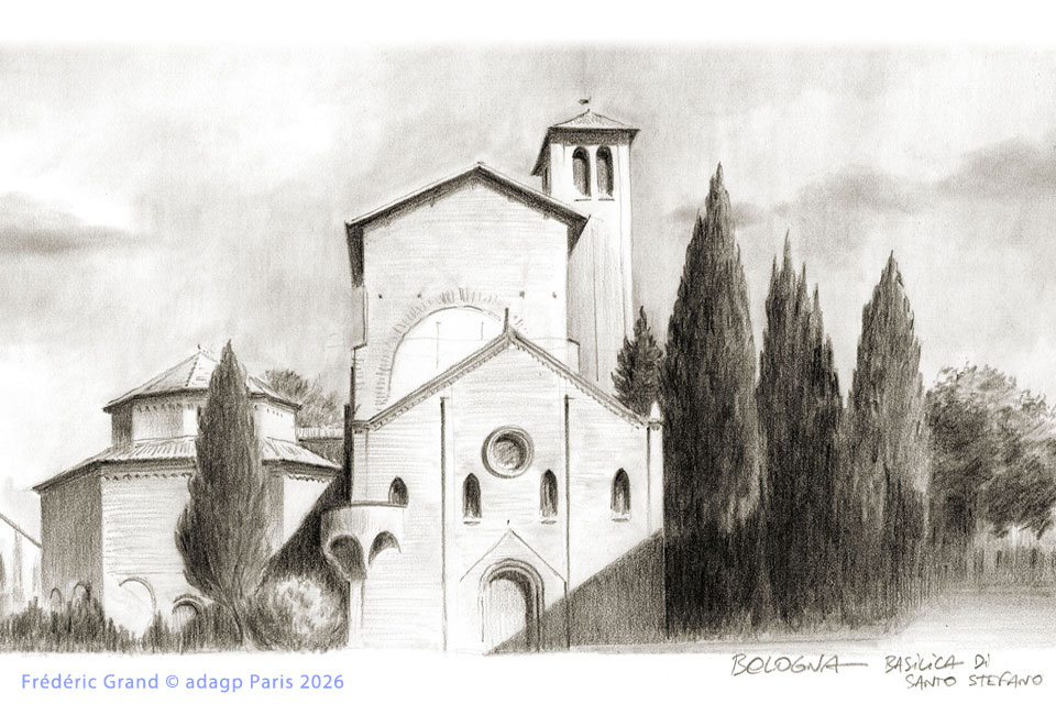 dessin motif basilique santo stefano bologne toscane italie illustration architecture patrimoine aquarelle