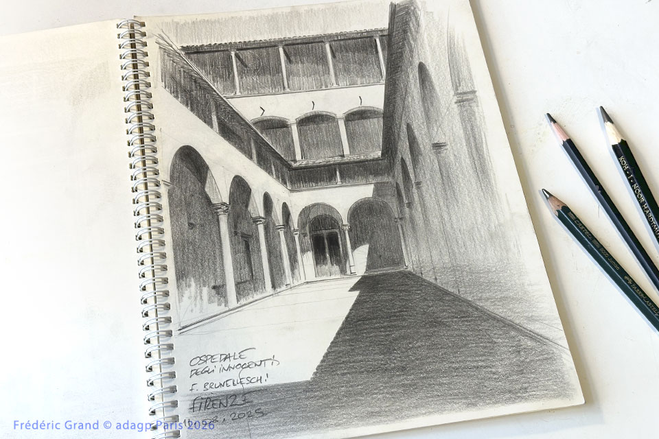 dessin motif hopital innocents brunelleschi toscane italie illustration architecture patrimoine aquarelle