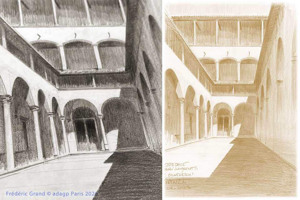 dessin motif hopital innocents brunelleschi toscane italie illustration architecture patrimoine aquarelle