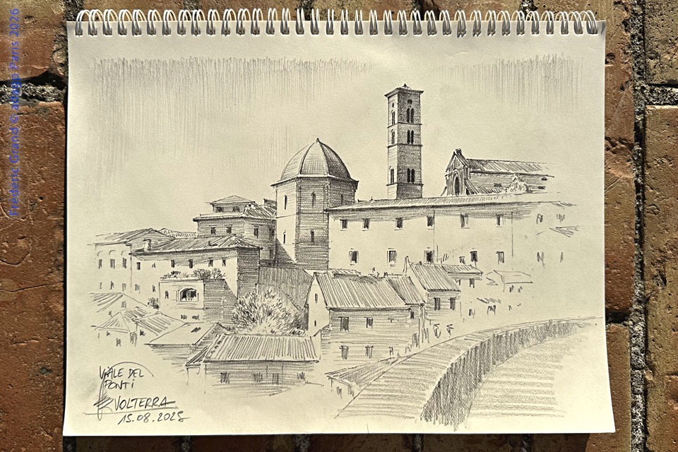 dessin motif village Volterra toscane italie illustration architecture patrimoine aquarelle