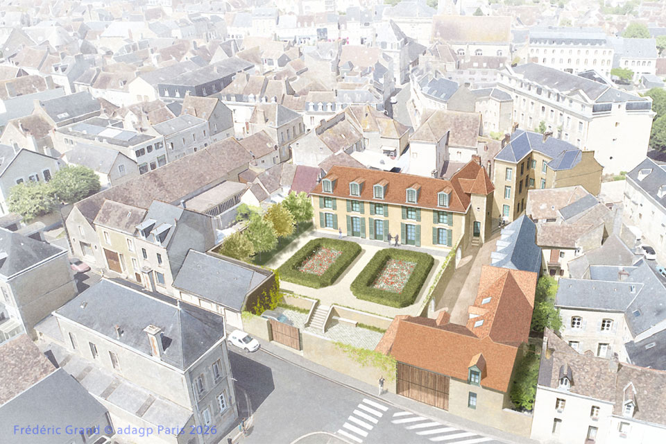 perspective dessin projet renovation hotel pelisson gennes mamers illustration architecture patrimoine aquarelle