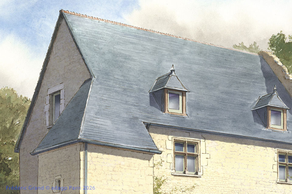 perspective dessin projet renovation manoir renaissance roche sevin illustration architecture patrimoine aquarelle