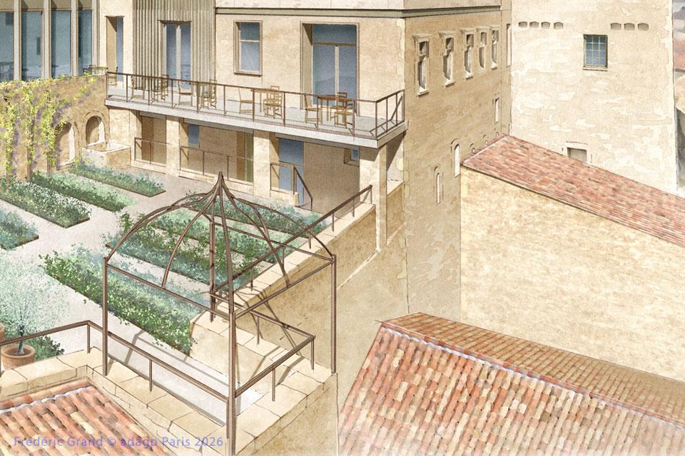 perspective dessin projet reconversion prieuré saint donat sur l herbasse illustration architecture patrimoine aquarelle